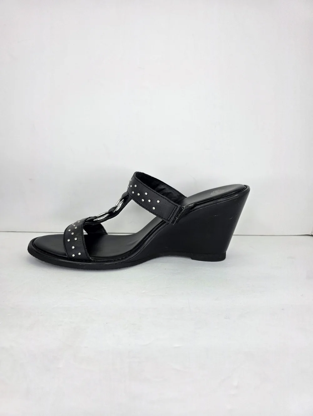 Harley Davidson Monica Women's Black‎ Double Strap Silver Wedge Sandals Size 10M